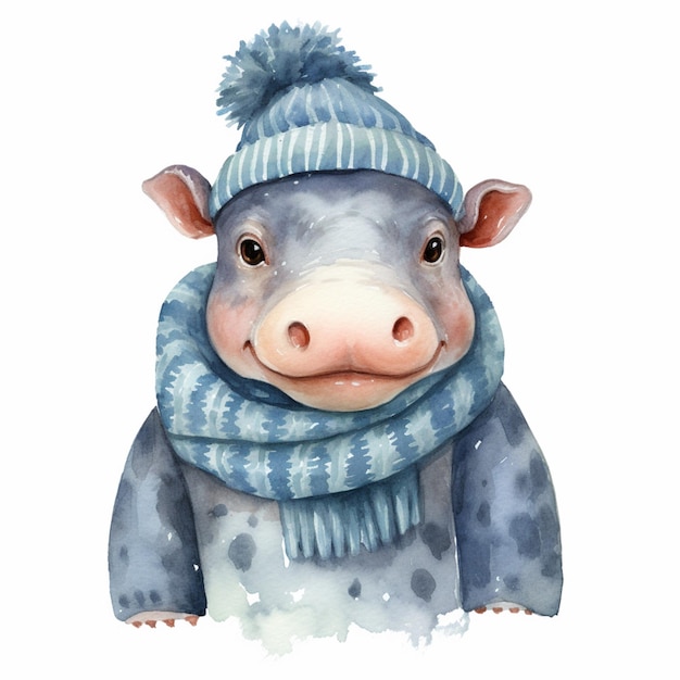 there is a watercolor painting of a cow wearing a hat and scarf generative ai