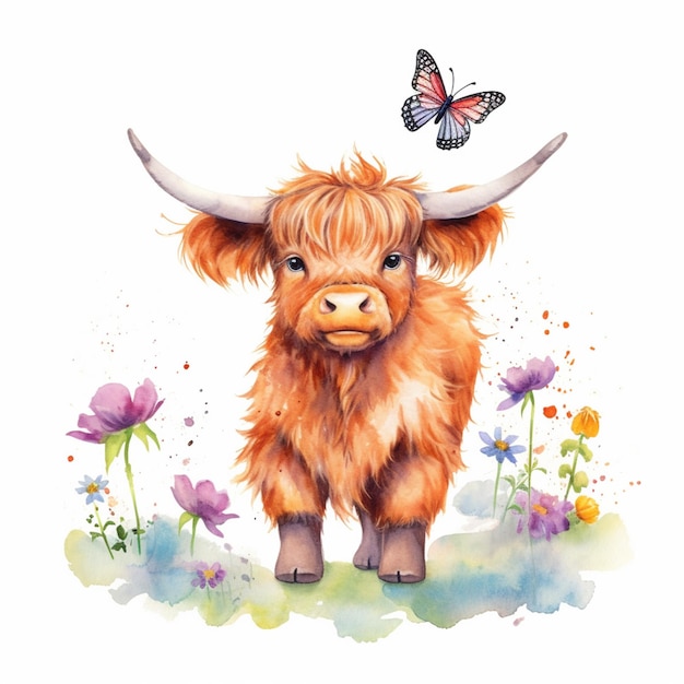 there is a watercolor painting of a cow with a butterfly on its head generativ ai