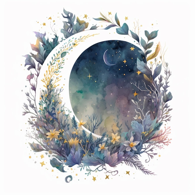 there is a watercolor painting of a crescent with flowers and stars generative ai