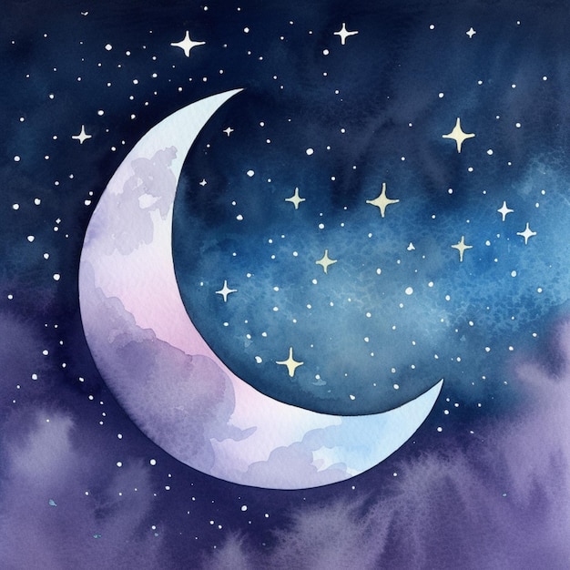 there is a watercolor painting of a crescent with stars in the sky generative ai