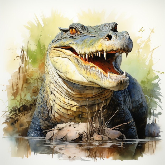 Photo there is a watercolor painting of a crocodile with its mouth open generative ai