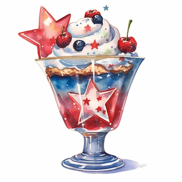 Есть акварельная картина десерта с вишнями и звездами.