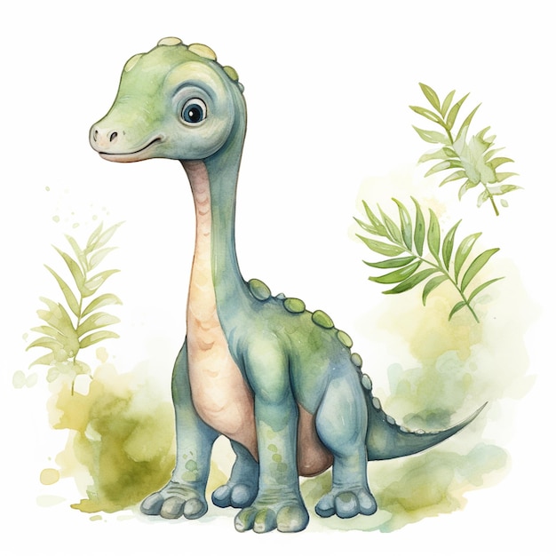 Photo there is a watercolor painting of a dinosaur with a plant in the background generative ai