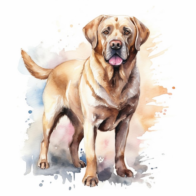 There is a watercolor painting of a dog standing on a white surface generative ai