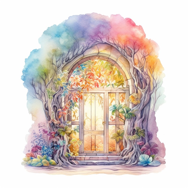 there is a watercolor painting of a door with a tree generative ai
