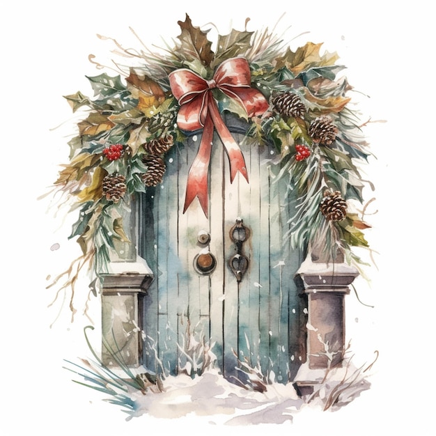 there is a watercolor painting of a door with a wreath and bells generative ai