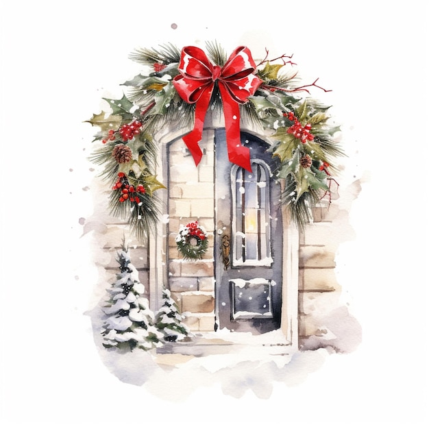 there is a watercolor painting of a door with a wreath and a bow generative ai