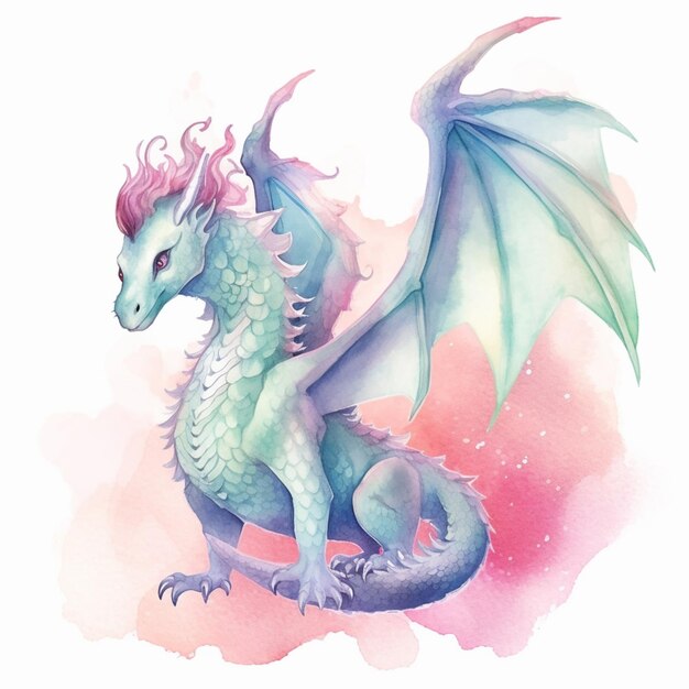 there is a watercolor painting of a dragon with a pink mane generative ai