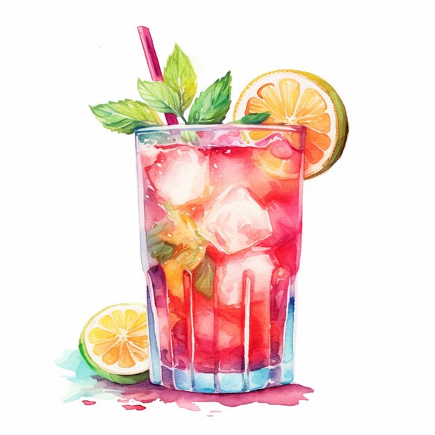氷とライムの入った飲み物の水彩画があります。生成 AI
