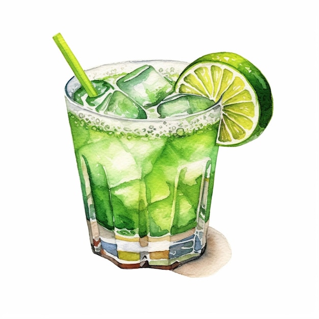 There is a watercolor painting of a drink with lime and ice generative ai