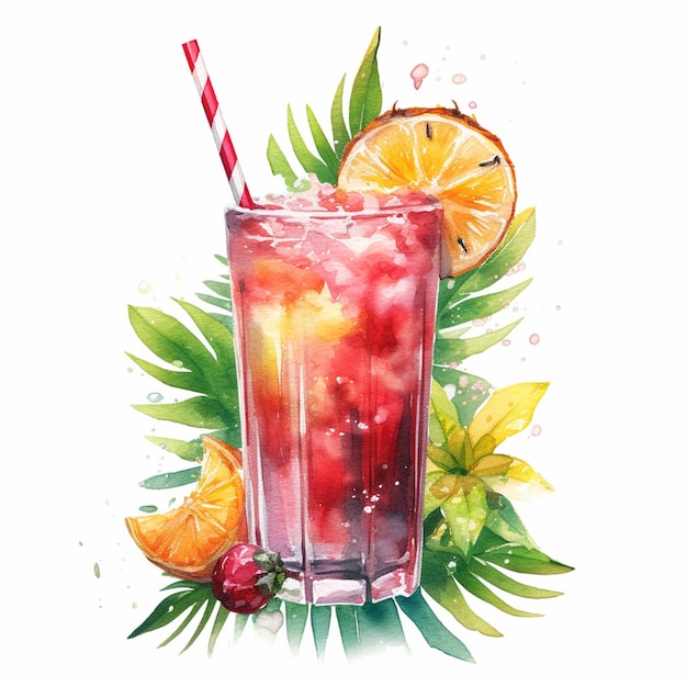 There is a watercolor painting of a drink with oranges and leaves generative ai