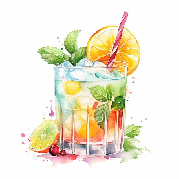 there is a watercolor painting of a drink with oranges and mint generative ai