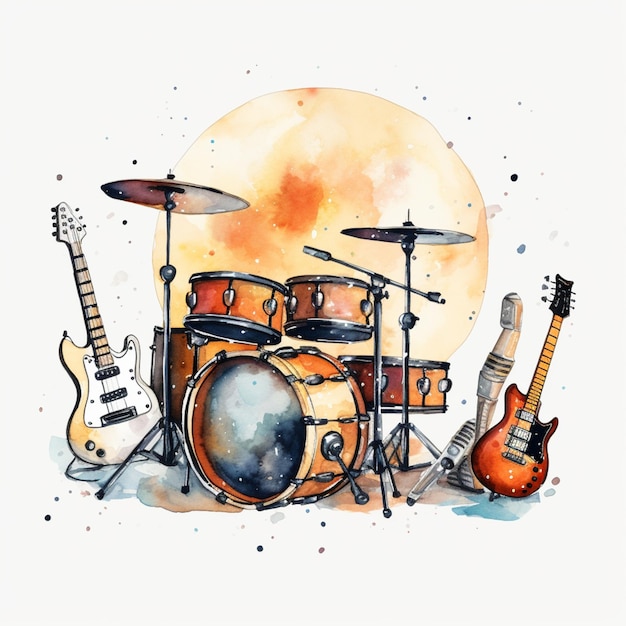 there is a watercolor painting of a drum set with guitars generative ai