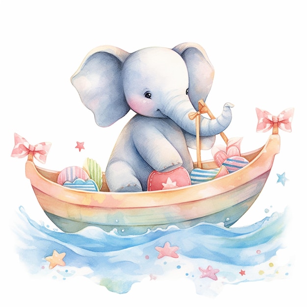 there is a watercolor painting of an elephant in a boat generative ai