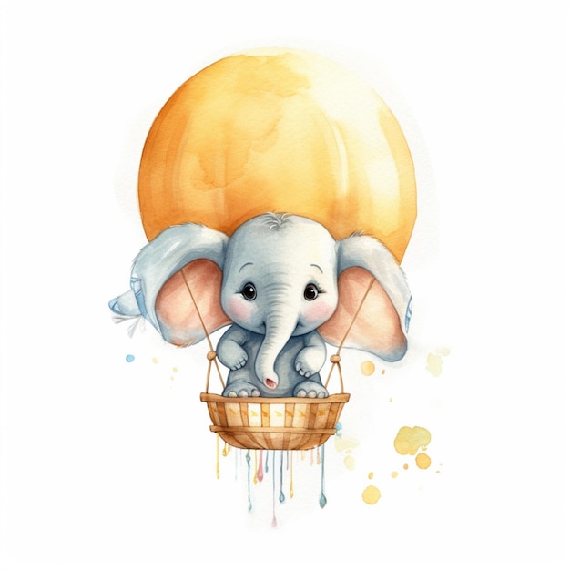 There is a watercolor painting of an elephant flying in a balloon generative ai