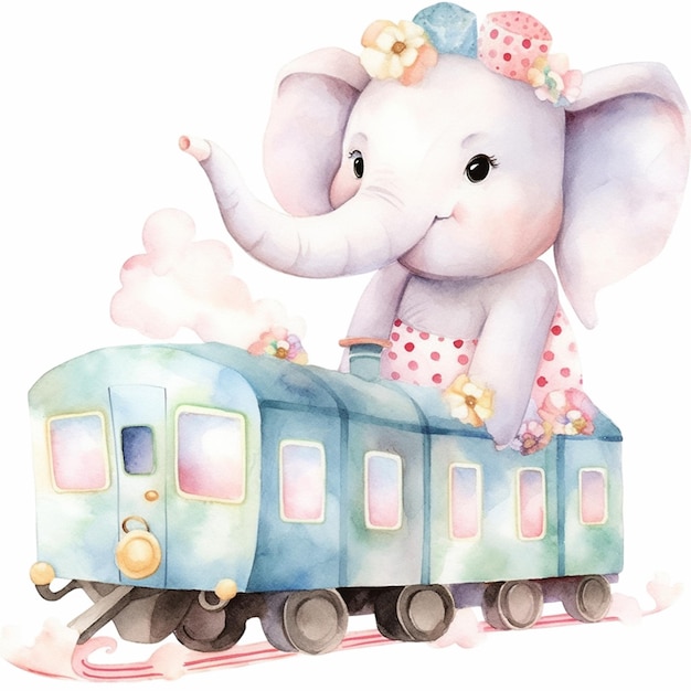 there is a watercolor painting of an elephant riding a train generative ai