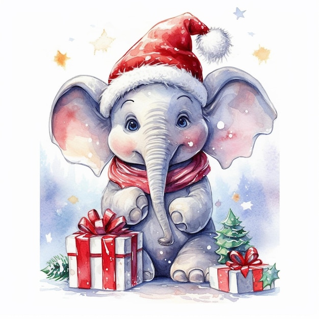 There is a watercolor painting of an elephant wearing a santa hat generative ai