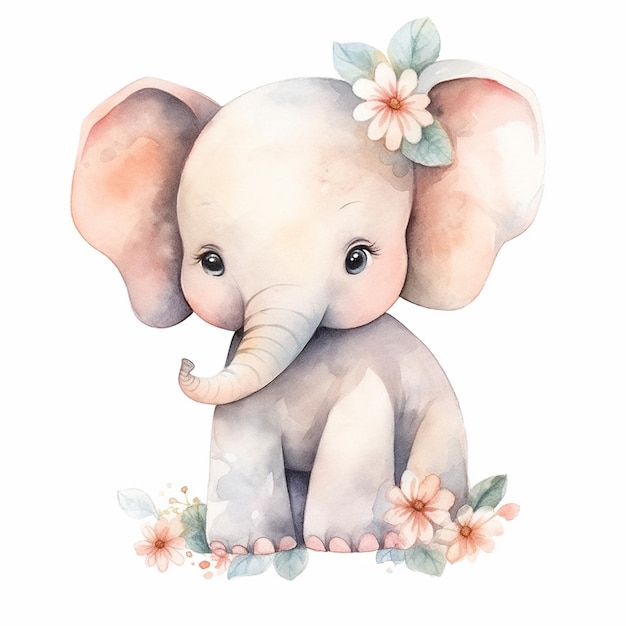 there is a watercolor painting of an elephant with flowers on its head generative ai