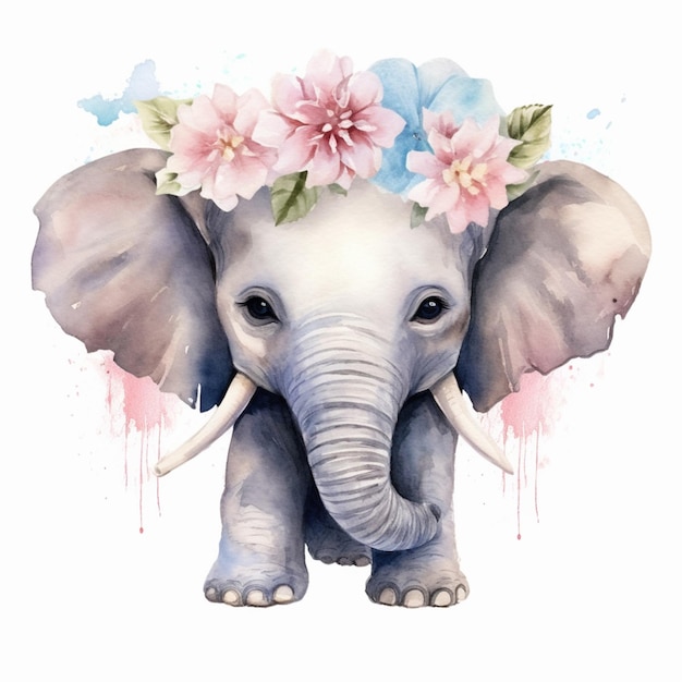 머리에 꽃을 얹은 코끼리의 수채화 그림이 있습니다 생성 ai