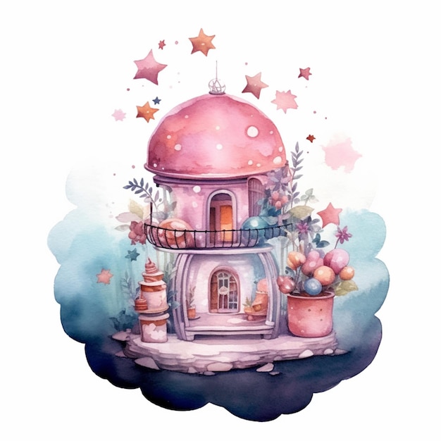 There is a watercolor painting of a fairy house with a balcony generative ai