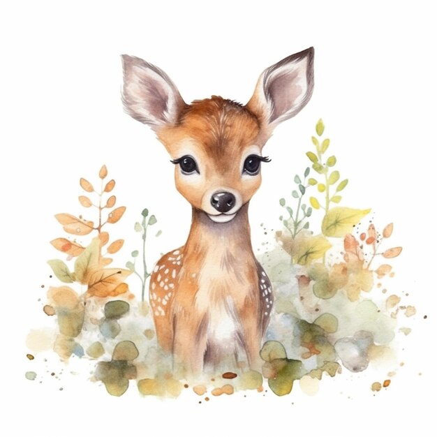 Photo there is a watercolor painting of a fawn sitting in the grass generative ai