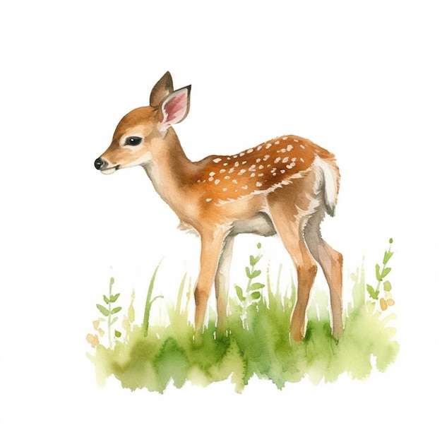 There is a watercolor painting of a fawn standing in the grass generative ai