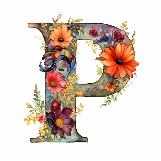 Есть акварельная картина цветочной буквы p generative ai