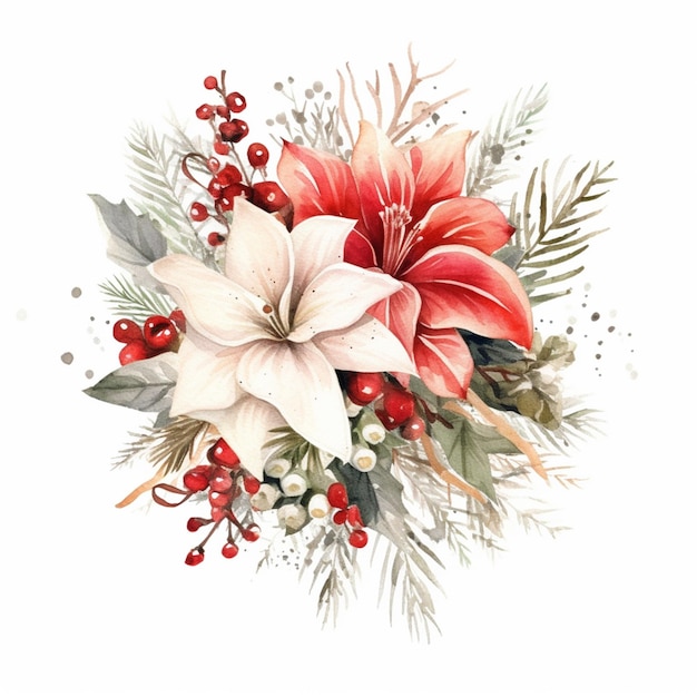 there is a watercolor painting of a flower arrangement with berries and pine cones generative ai