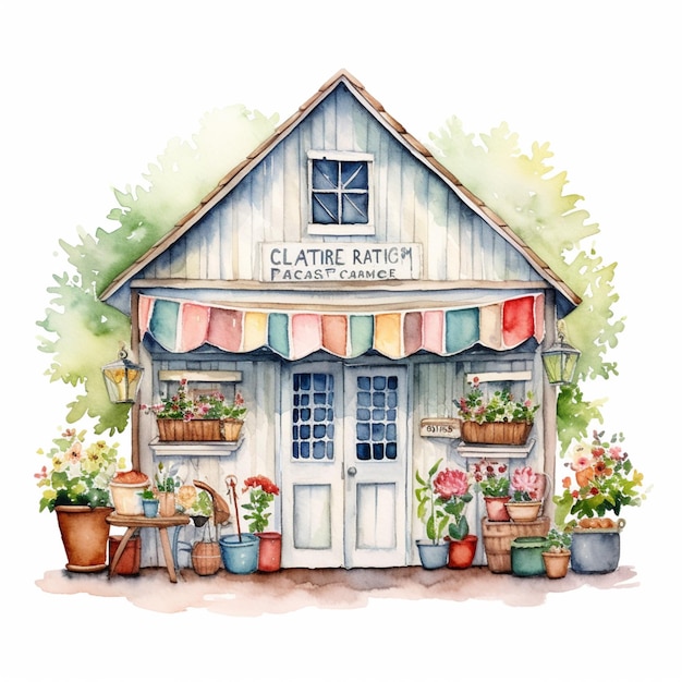 there is a watercolor painting of a flower shop with potted plants generative ai