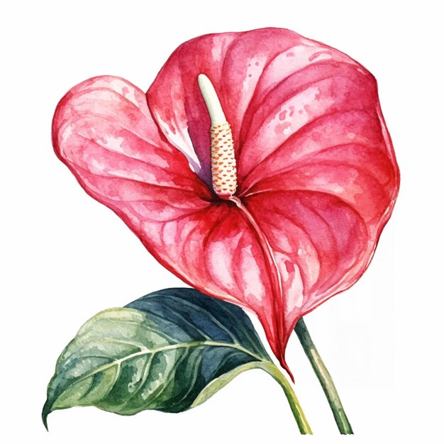 There is a watercolor painting of a flower with a green leaf AI Generative