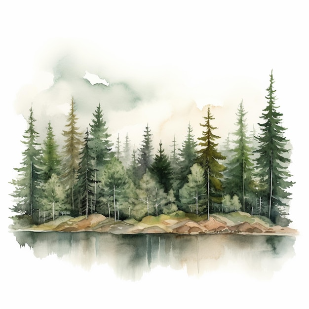 There is a watercolor painting of a forest scene with a lake generative ai