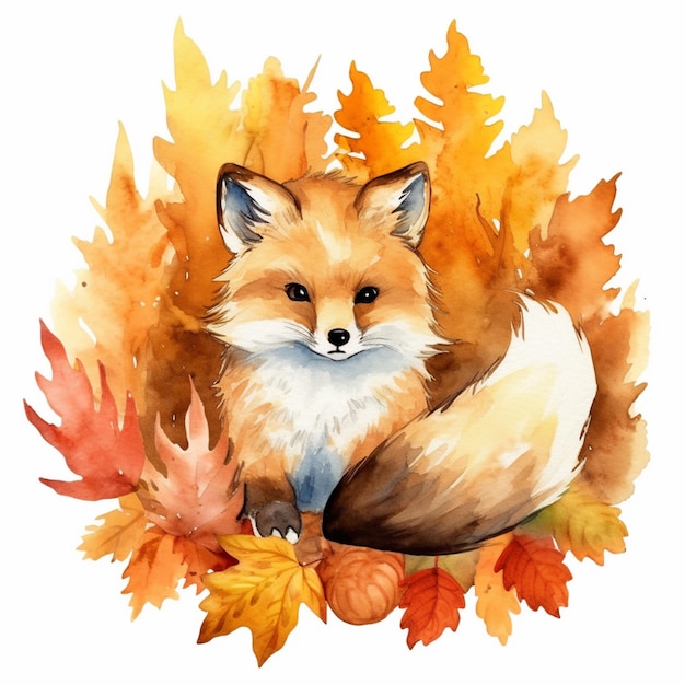 There is a watercolor painting of a fox sitting in the leaves generative ai