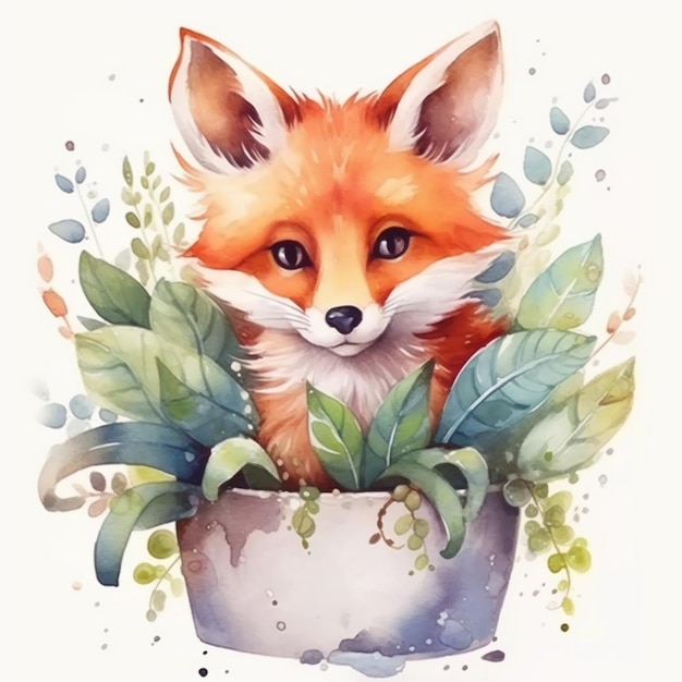 There is a watercolor painting of a fox sitting in a pot generative ai