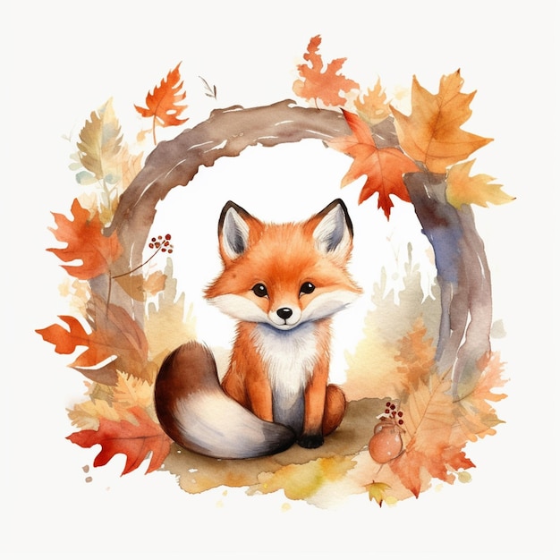 Photo there is a watercolor painting of a fox sitting in a wreath generative ai