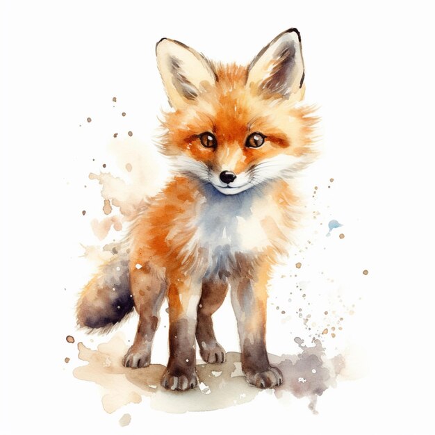 There is a watercolor painting of a fox standing on a white surface generative ai