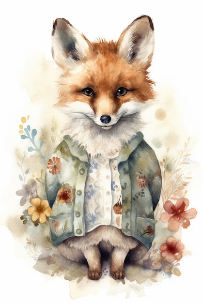 there is a watercolor painting of a fox wearing a jacket generative ai