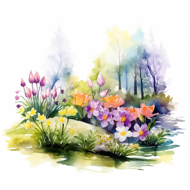 花のある庭園の水彩画があります 生成 ai