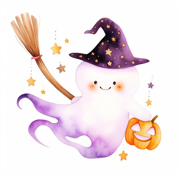 Photo there is a watercolor painting of a ghost with a broom and a pumpkin generative ai