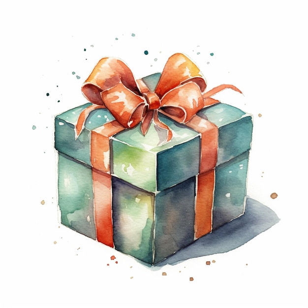 there is a watercolor painting of a gift box with a bow generative ai