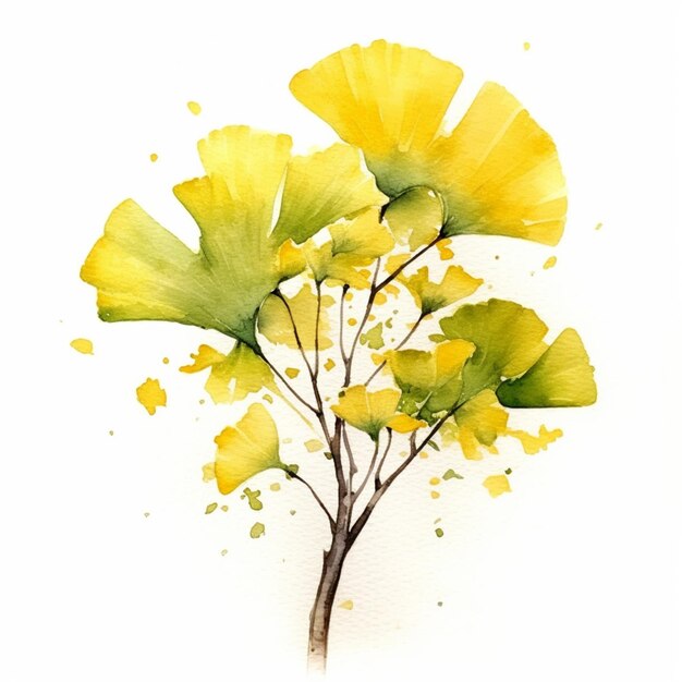 there is a watercolor painting of a ging tree with yellow leaves generative ai