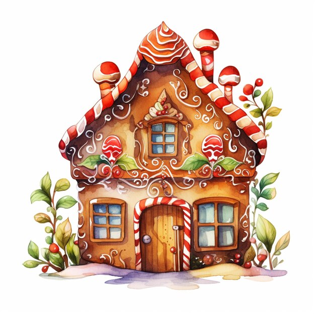 There is a watercolor painting of a ginger house with candy canes generative ai