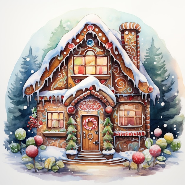 there is a watercolor painting of a ginger house with decorations generative ai