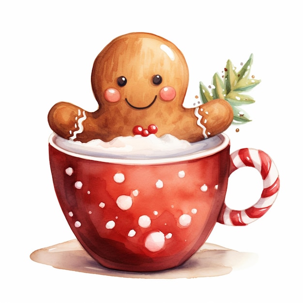 컵에 있는 진저브레드 (gingerbread) 의 수채화 그림이 있습니다.