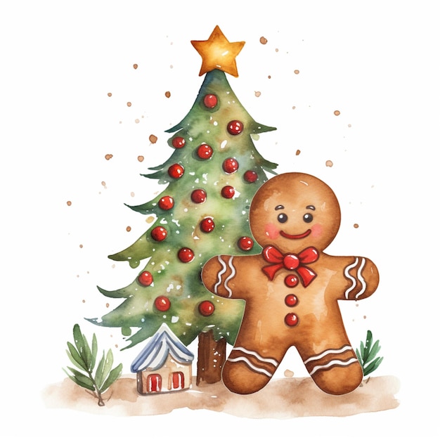 there is a watercolor painting of a gingerbread man next to a christmas tree generative ai