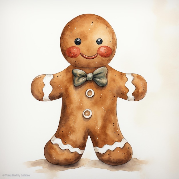 Photo there is a watercolor painting of a gingerbread man with a bow tie generative ai