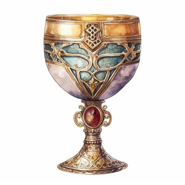 there is a watercolor painting of a goblet with a red stone in it generative ai