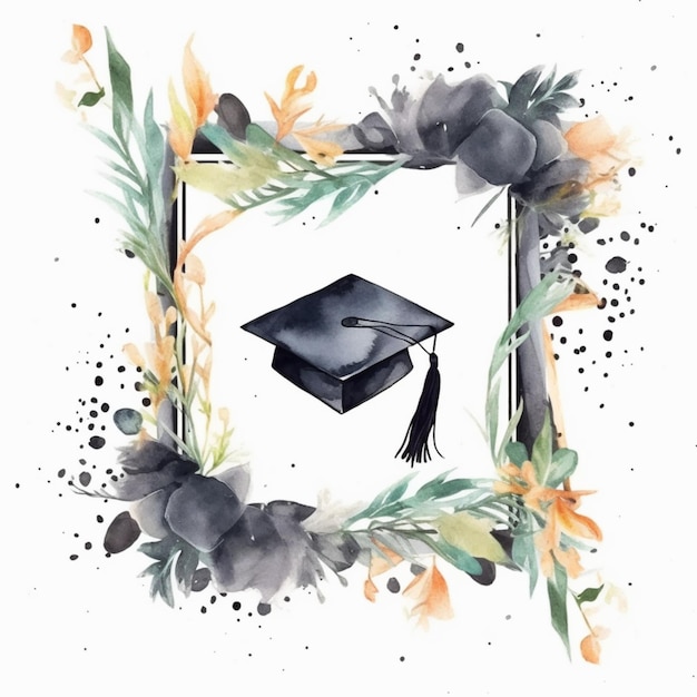 Photo there is a watercolor painting of a graduation cap and flowers generative ai