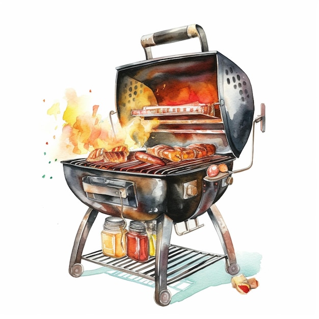 There is a watercolor painting of a grill with hot dogs on it generative ai