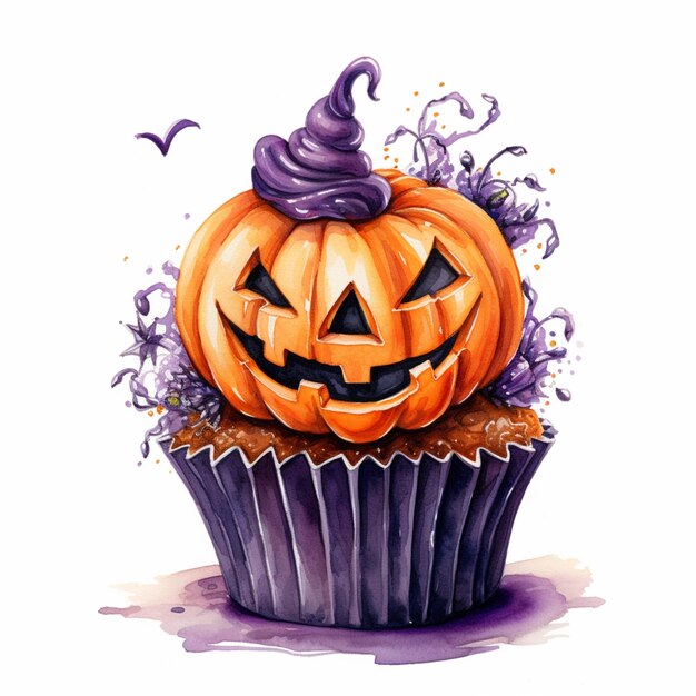 there is a watercolor painting of a halloween cupcake with a jack o lantern on top generative ai
