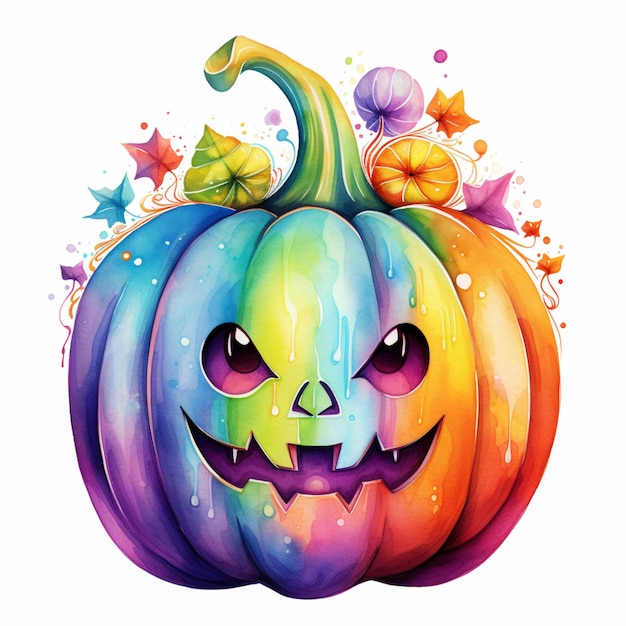 There is a watercolor painting of a halloween pumpkin with a face generative ai